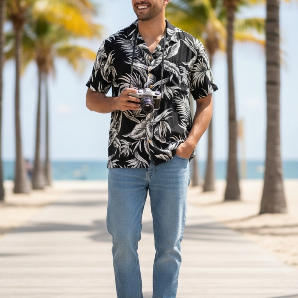 Paradise Found Black and White Shirt Hawai Very Good Condition